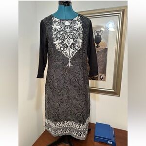 IMARA Women’s Black & White Printed Embroidered Churidar Kurta Size Medium